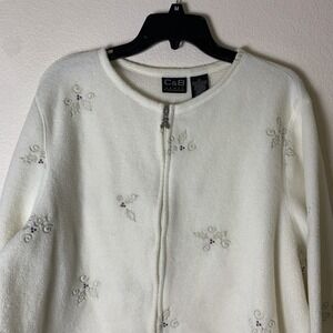 C & B Christmas Sweater Cardigan Fleece Embroidered Women's 1X Ivory Cream Holly